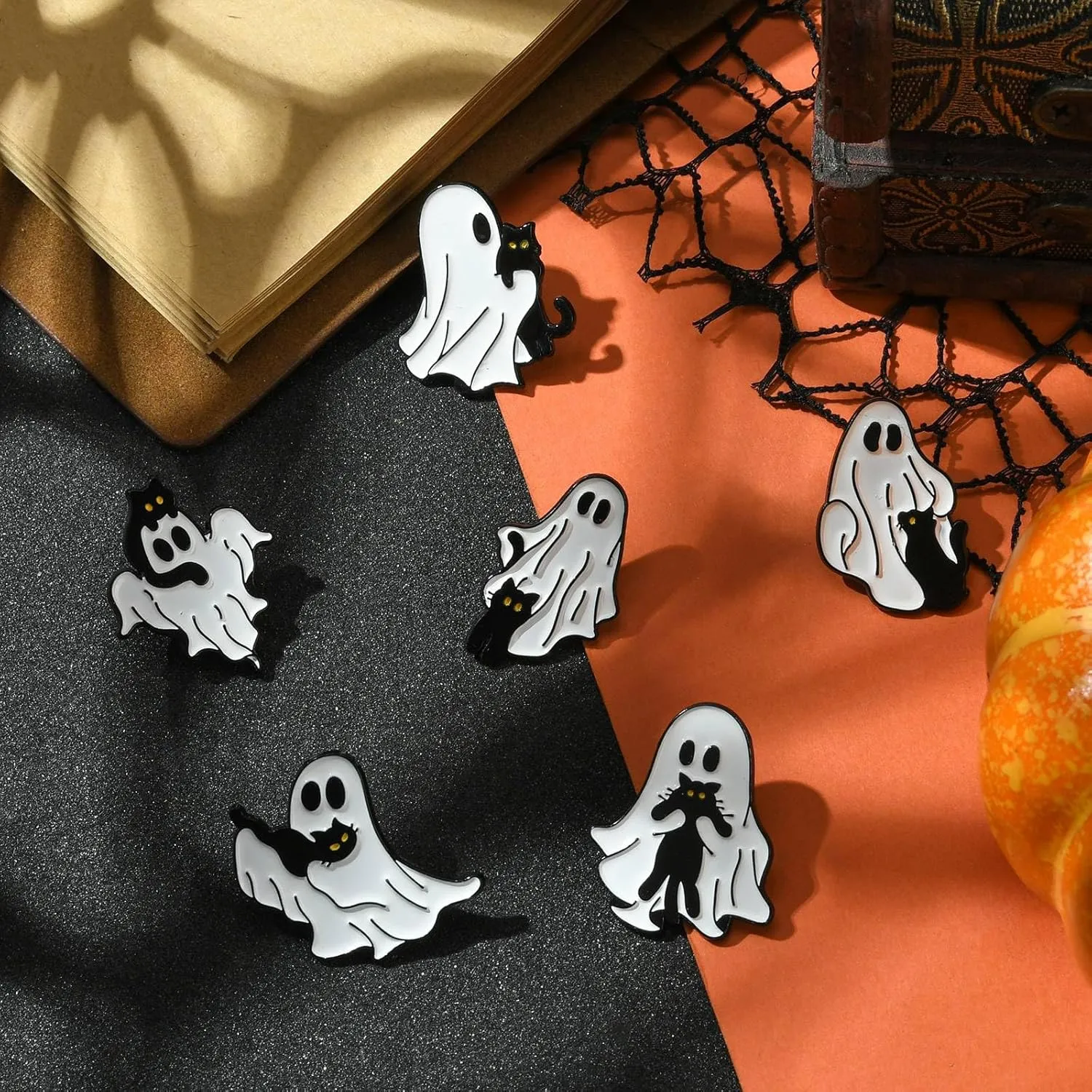 Ipotkitt 6 Pcs 6 Styles Ghost with Black Cat Enamel Brooches Halloween Theme Metal Animal Lapel Pins Horror Cartoon Pins for Jacket Backpack Hat Clothes Decor