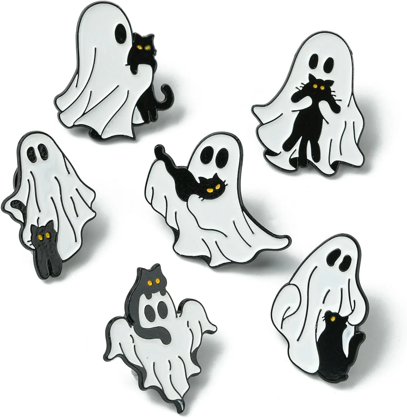 Ipotkitt 6 Pcs 6 Styles Ghost with Black Cat Enamel Brooches Halloween Theme Metal Animal Lapel Pins Horror Cartoon Pins for Jacket Backpack Hat Clothes Decor
