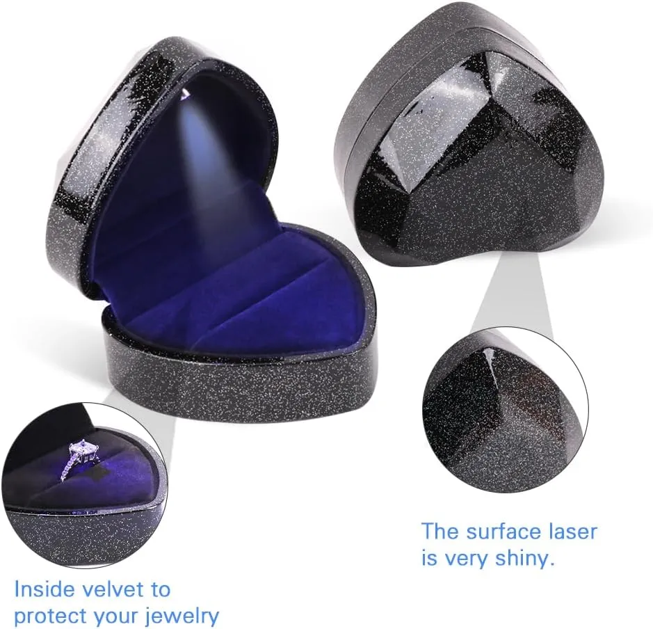 iSuperb Heart Shaped Ring Box LED Light Engagement Ring Boxes Jewelry Gift Box for Proposal Wedding Valentine's Day Anniversary Christmas (Starry Sky Black)