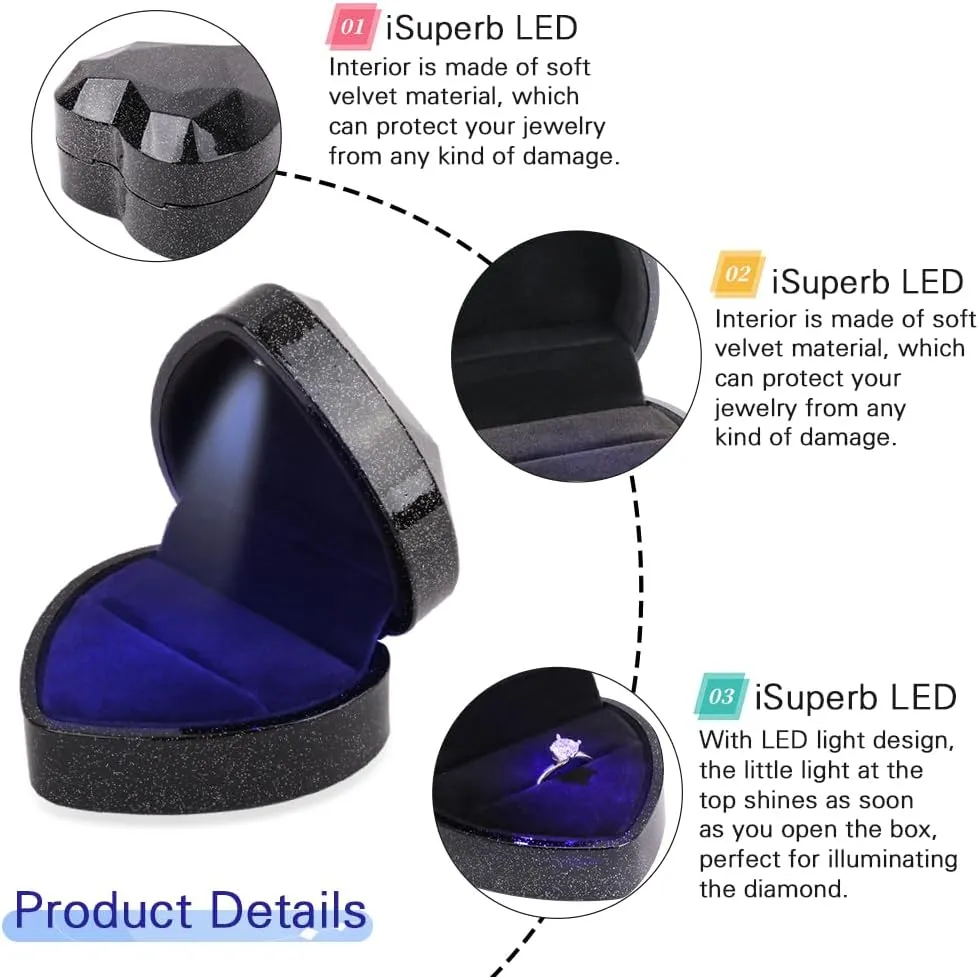iSuperb Heart Shaped Ring Box LED Light Engagement Ring Boxes Jewelry Gift Box for Proposal Wedding Valentine's Day Anniversary Christmas (Starry Sky Black)