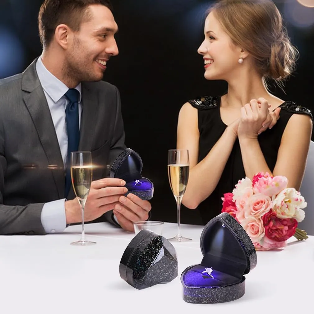 iSuperb Heart Shaped Ring Box LED Light Engagement Ring Boxes Jewelry Gift Box for Proposal Wedding Valentine's Day Anniversary Christmas (Starry Sky Black)