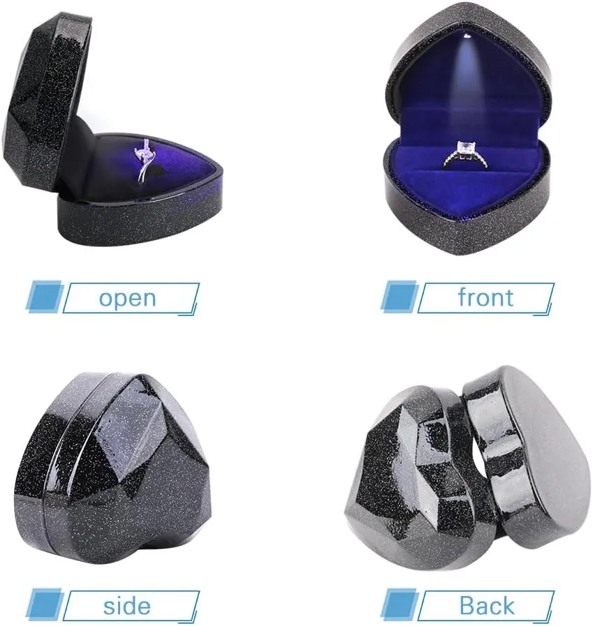 iSuperb Heart Shaped Ring Box LED Light Engagement Ring Boxes Jewelry Gift Box for Proposal Wedding Valentine's Day Anniversary Christmas (Starry Sky Black)