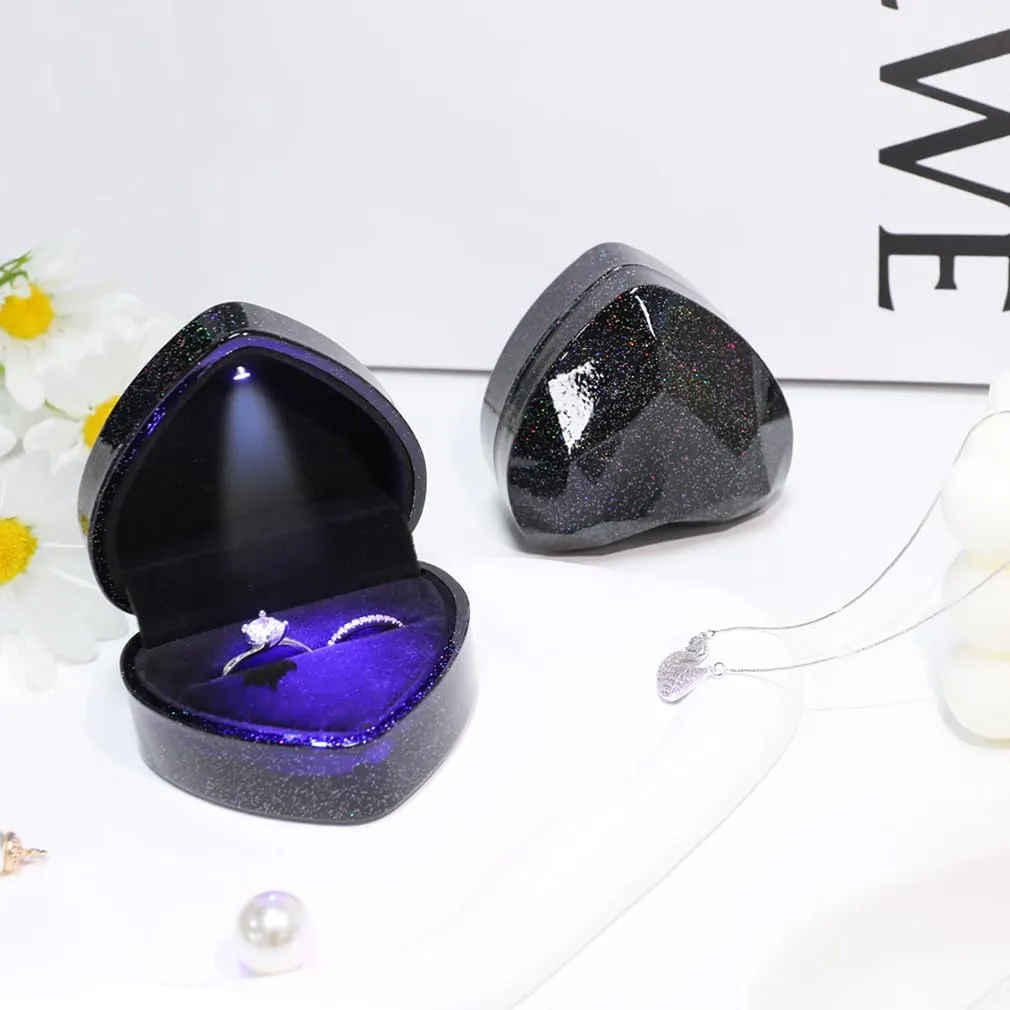 iSuperb Heart Shaped Ring Box LED Light Engagement Ring Boxes Jewelry Gift Box for Proposal Wedding Valentine's Day Anniversary Christmas (Starry Sky Black)