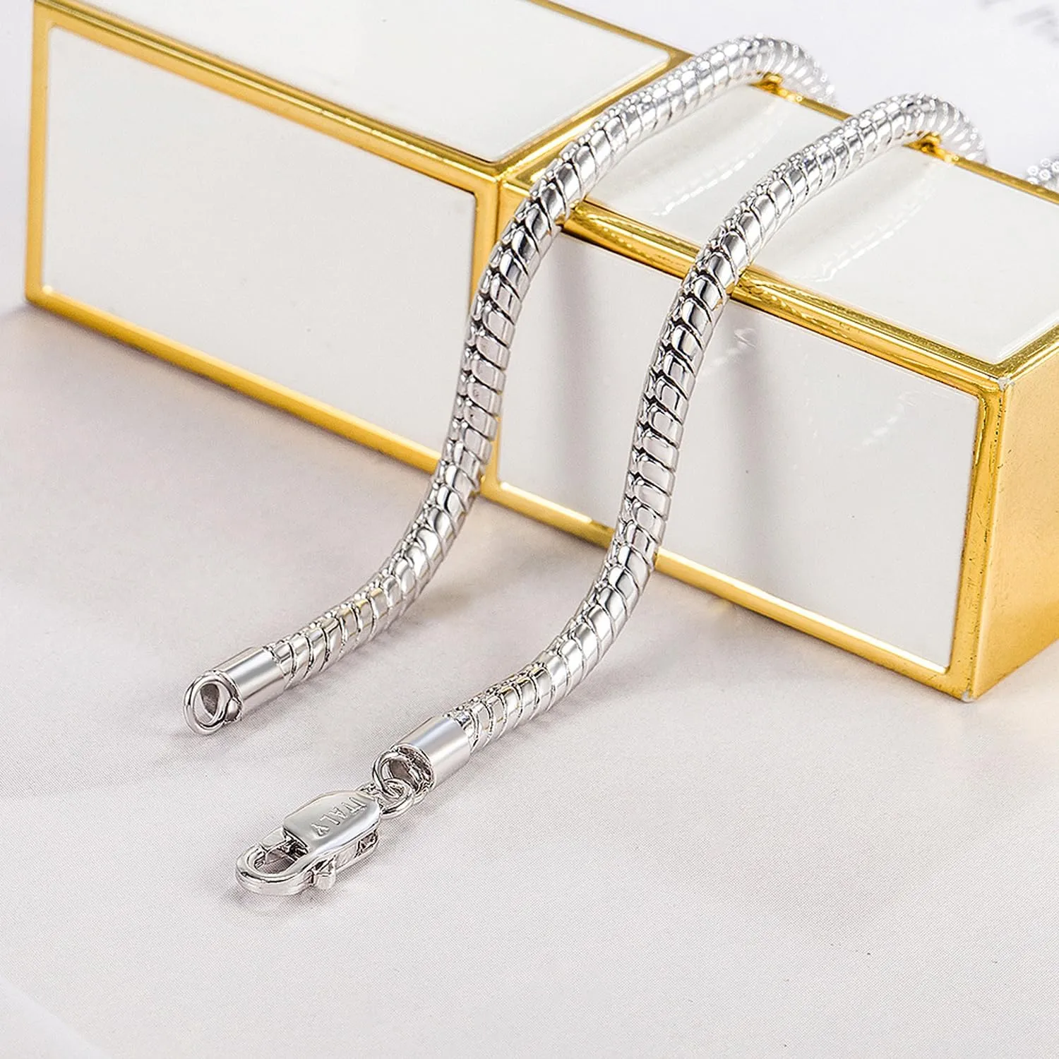 Italian fashion S925 sterling silver round snake bone chain men's necklace Lobster claw buckle couple necklace men and women thick 3MM&5MM high-end jewelry