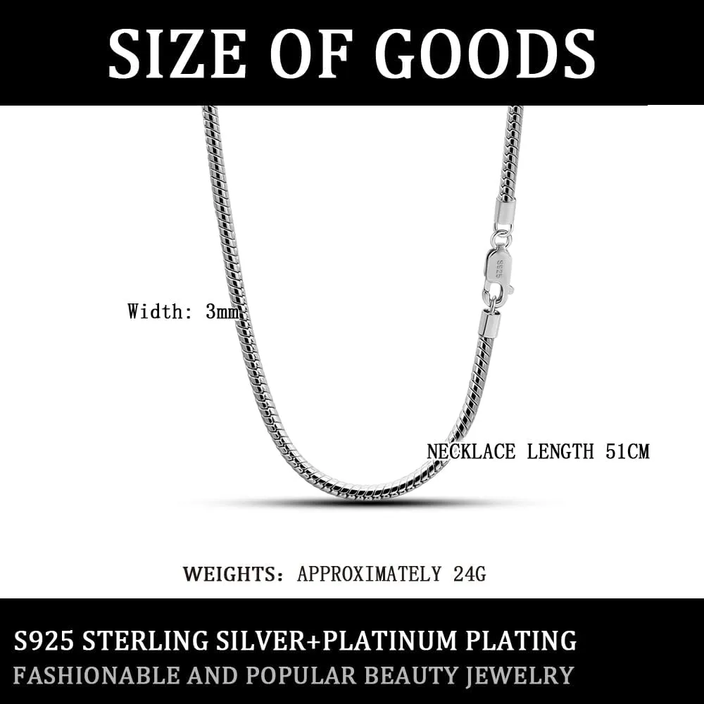Italian fashion S925 sterling silver round snake bone chain men's necklace Lobster claw buckle couple necklace men and women thick 3MM&5MM high-end jewelry