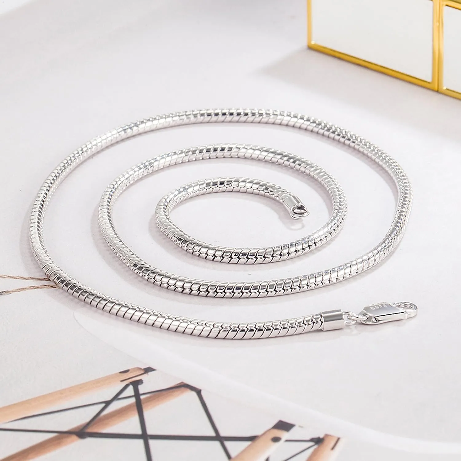 Italian fashion S925 sterling silver round snake bone chain men's necklace Lobster claw buckle couple necklace men and women thick 3MM&5MM high-end jewelry