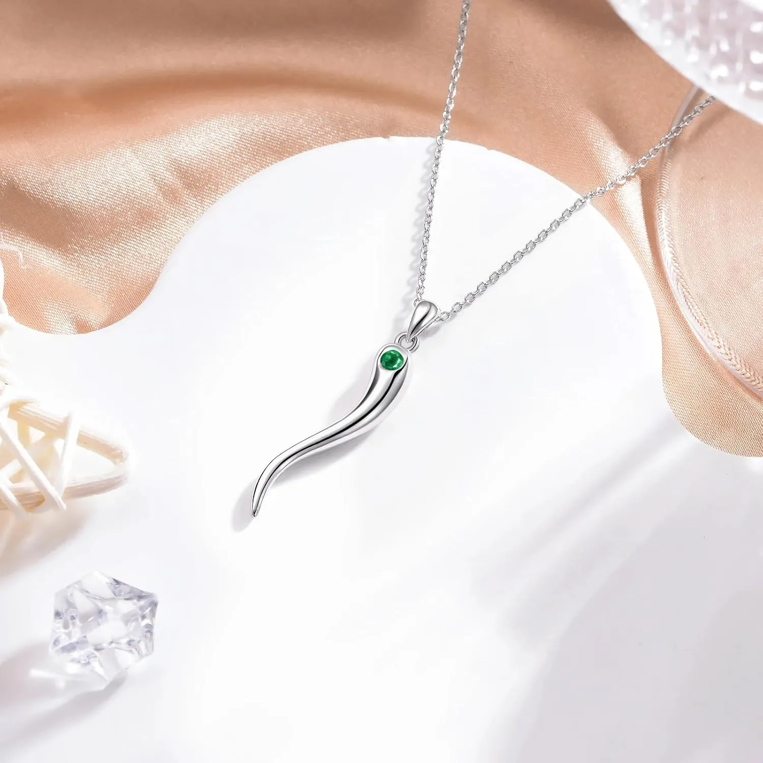 Italian Horn Pendant Necklace for Women - Silver Horn Pendant with Jan-Dec Simulated Birthstone - Protection Amulet Jewelry Gift Box