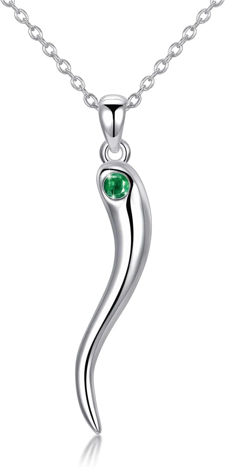 Italian Horn Pendant Necklace for Women - Silver Horn Pendant with Jan-Dec Simulated Birthstone - Protection Amulet Jewelry Gift Box