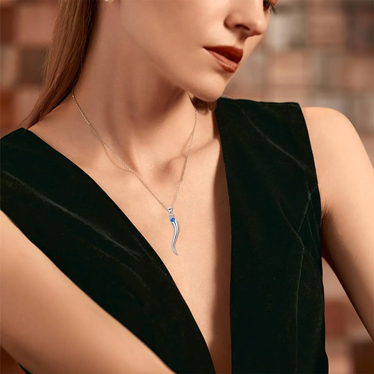 Italian Horn Pendant Necklace for Women - Silver Horn Pendant with Jan-Dec Simulated Birthstone - Protection Amulet Jewelry Gift Box