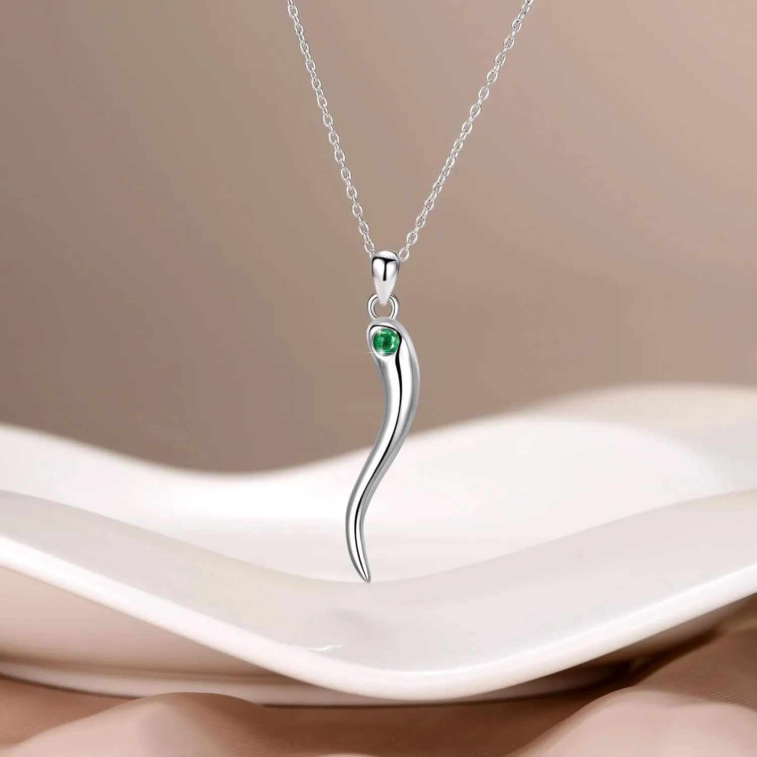 Italian Horn Pendant Necklace for Women - Silver Horn Pendant with Jan-Dec Simulated Birthstone - Protection Amulet Jewelry Gift Box