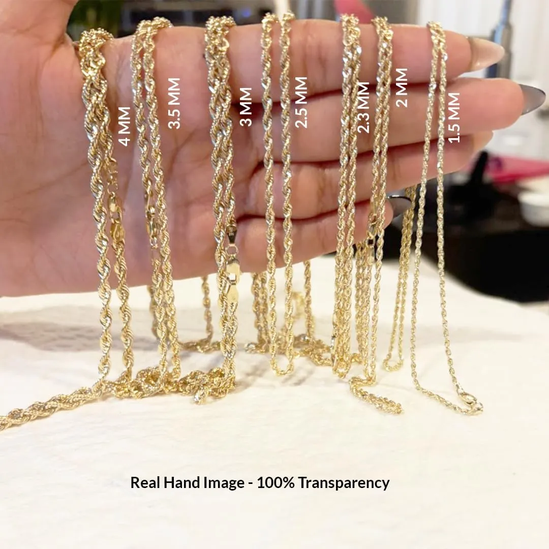 Italian Real 10K Solid Yellow Gold Rope Chain Necklace for Men & Women Radiant Diamond Cut with Lobster Claw Clasp 10K Real Gold Jewelry (1.5mm, 2mm, 2.5mm, 3mm, 3.5mm, 4mm)