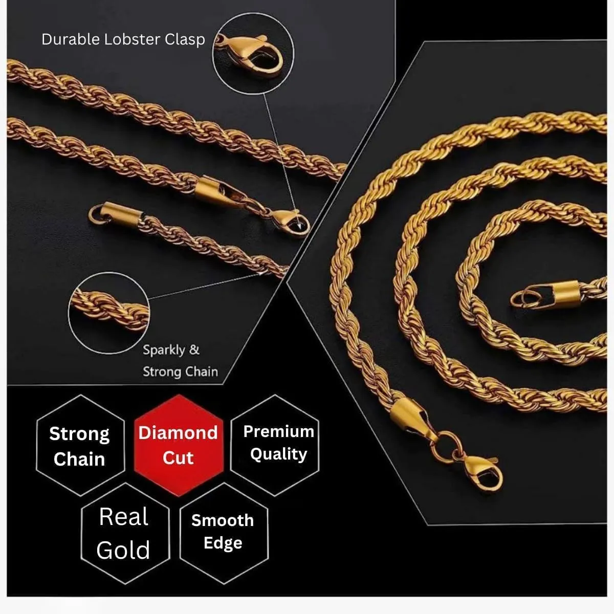 Italian Real 10K Solid Yellow Gold Rope Chain Necklace for Men & Women Radiant Diamond Cut with Lobster Claw Clasp 10K Real Gold Jewelry (1.5mm, 2mm, 2.5mm, 3mm, 3.5mm, 4mm)