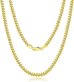 Italian Solid 18k Gold Over 925 Sterling Silver Chain Necklace - 4mm Diamond Cut Cuban Link Chain for Women & Men