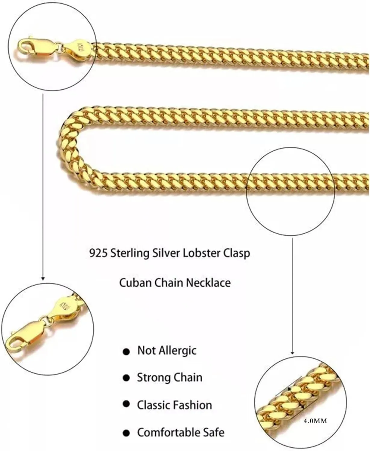 Italian Solid 18k Gold Over 925 Sterling Silver Chain Necklace - 4mm Diamond Cut Cuban Link Chain for Women & Men
