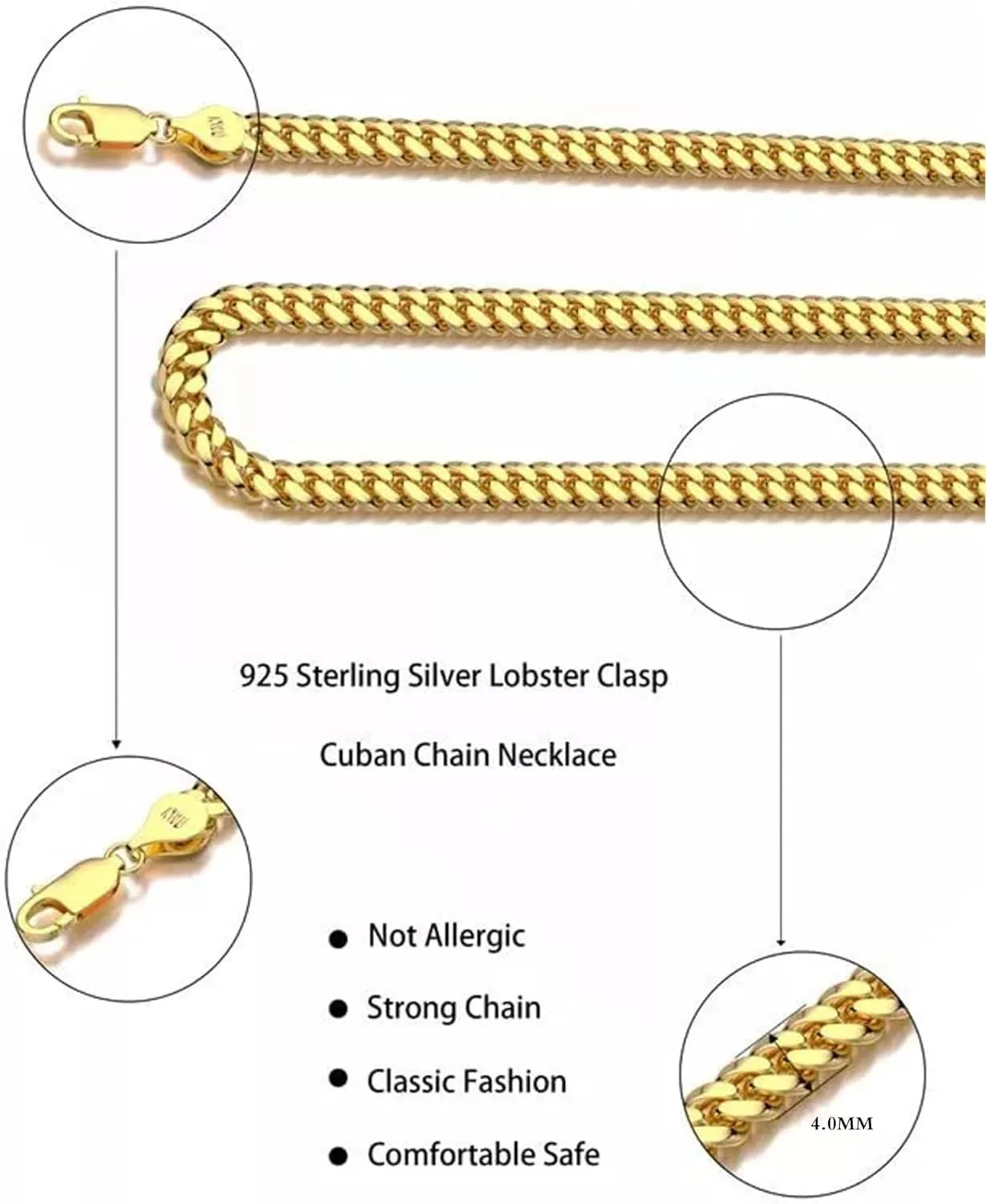 Italian Solid 18k Gold Over 925 Sterling Silver Chain Necklace - 4mm Diamond Cut Cuban Link Chain for Women & Men