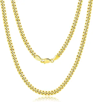 Italian Solid 18k Gold Over 925 Sterling Silver Chain Necklace - 4mm Diamond Cut Cuban Link Chain for Women & Men