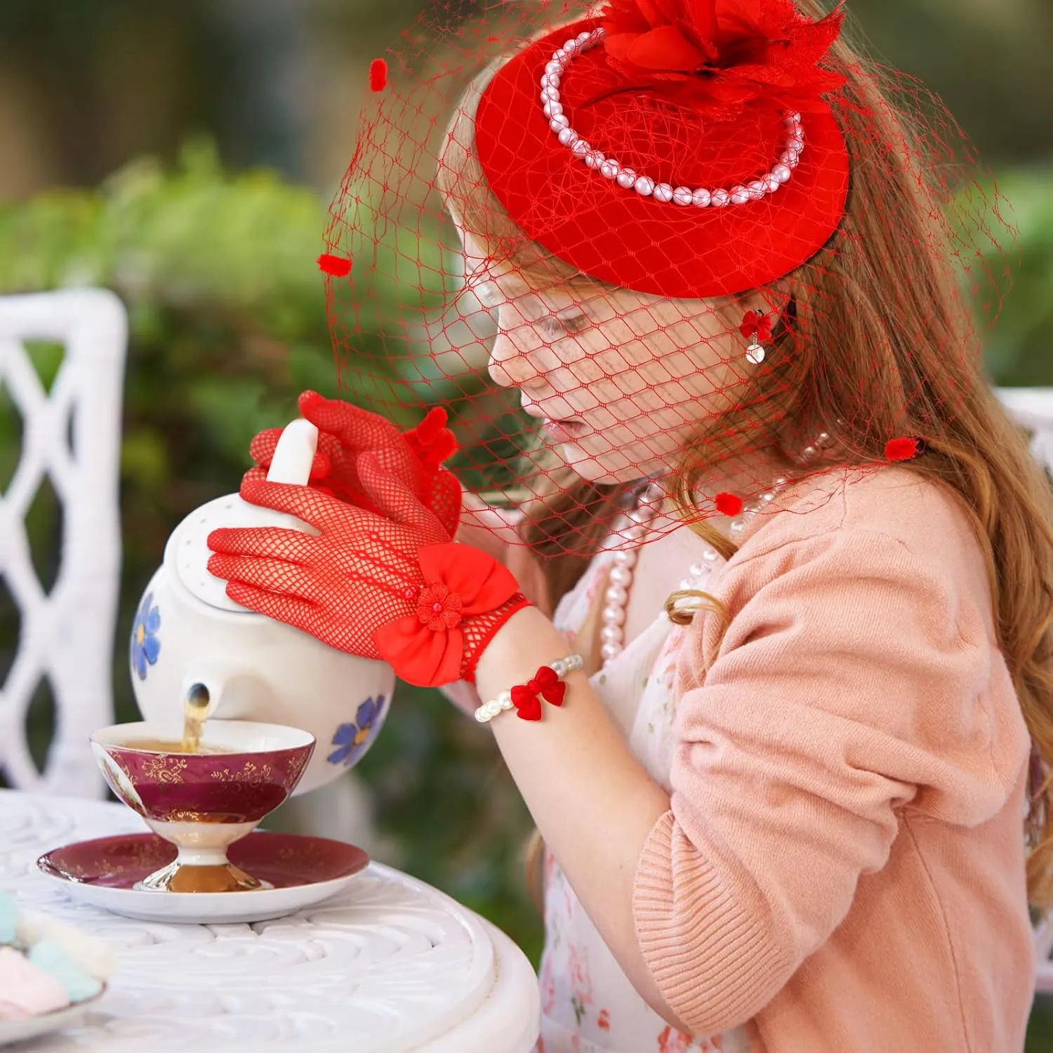 Jenaai 8 Pcs Girls Tea Party Supplies Tea Party Gloves Hats Necklace Fan for Girls Halloween Costume