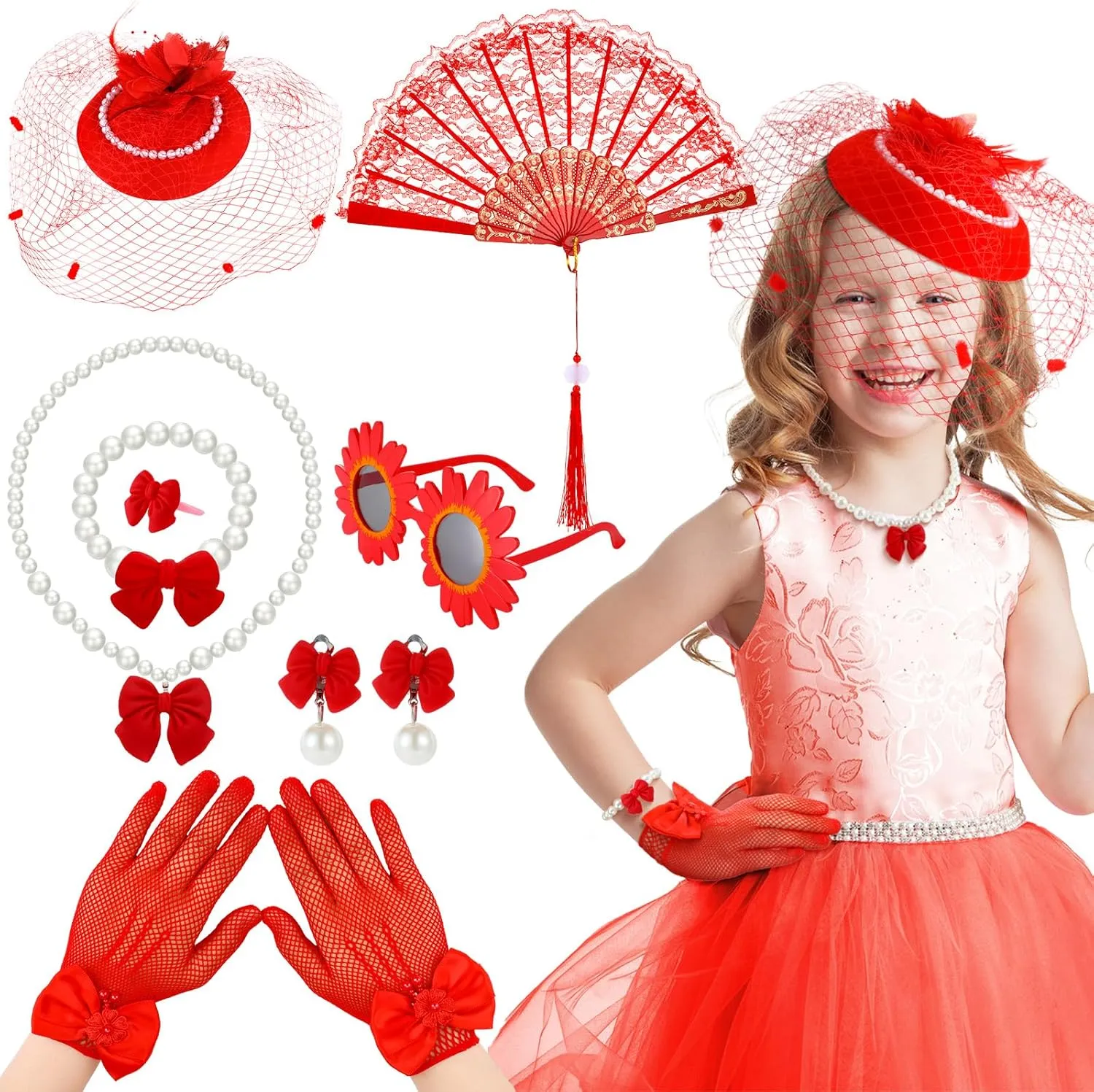 Jenaai 8 Pcs Girls Tea Party Supplies Tea Party Gloves Hats Necklace Fan for Girls Halloween Costume