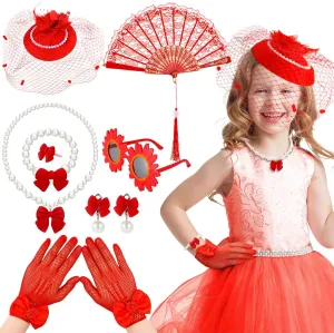Jenaai 8 Pcs Girls Tea Party Supplies Tea Party Gloves Hats Necklace Fan for Girls Halloween Costume