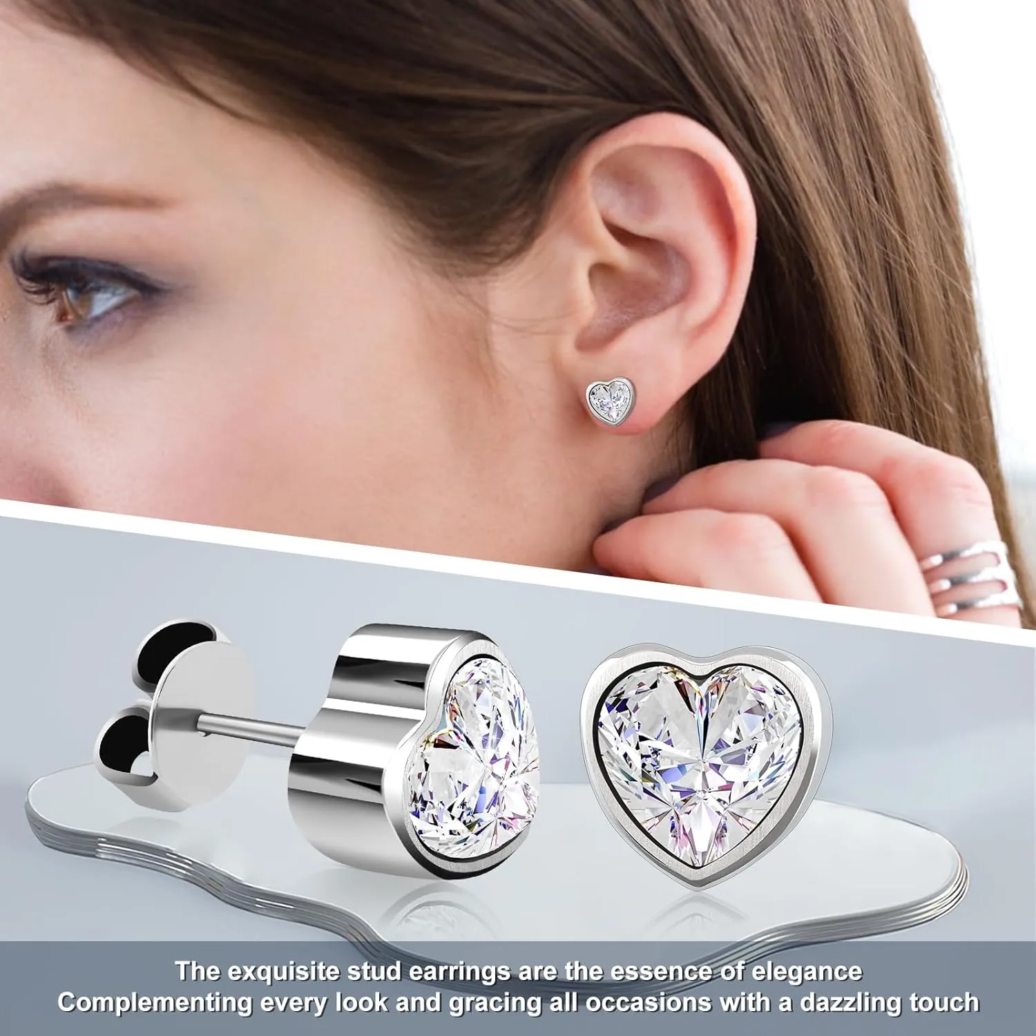 JEROOT Hypoallergenic Stud | Cubic Zirconia Moissanite Studs for Women | Pure Titanium Earrings Studs | Dainty Geometrical Bar Triangle Heart Earrings