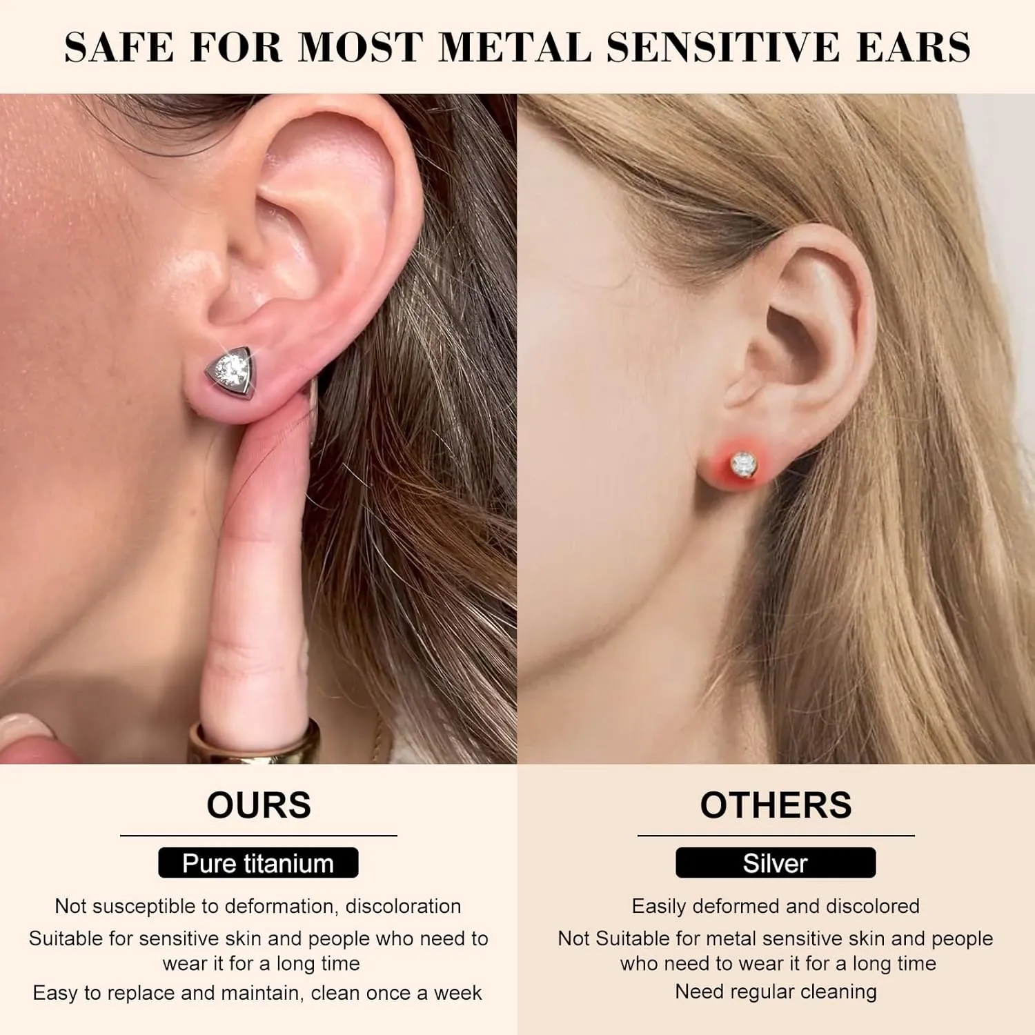 JEROOT Hypoallergenic Stud | Cubic Zirconia Moissanite Studs for Women | Pure Titanium Earrings Studs | Dainty Geometrical Bar Triangle Heart Earrings