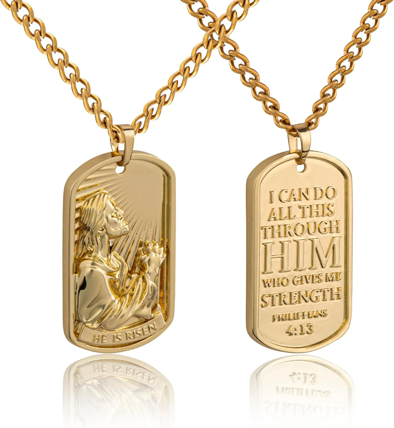 Jesus Necklace for Men  Engraved 2-Sided Masculine Dog Tag Pendant with Image of Jesus Praying & Philippians 4:13 (NIV)  Available in Aged Silver or Gold  Celebrate His Resurrection