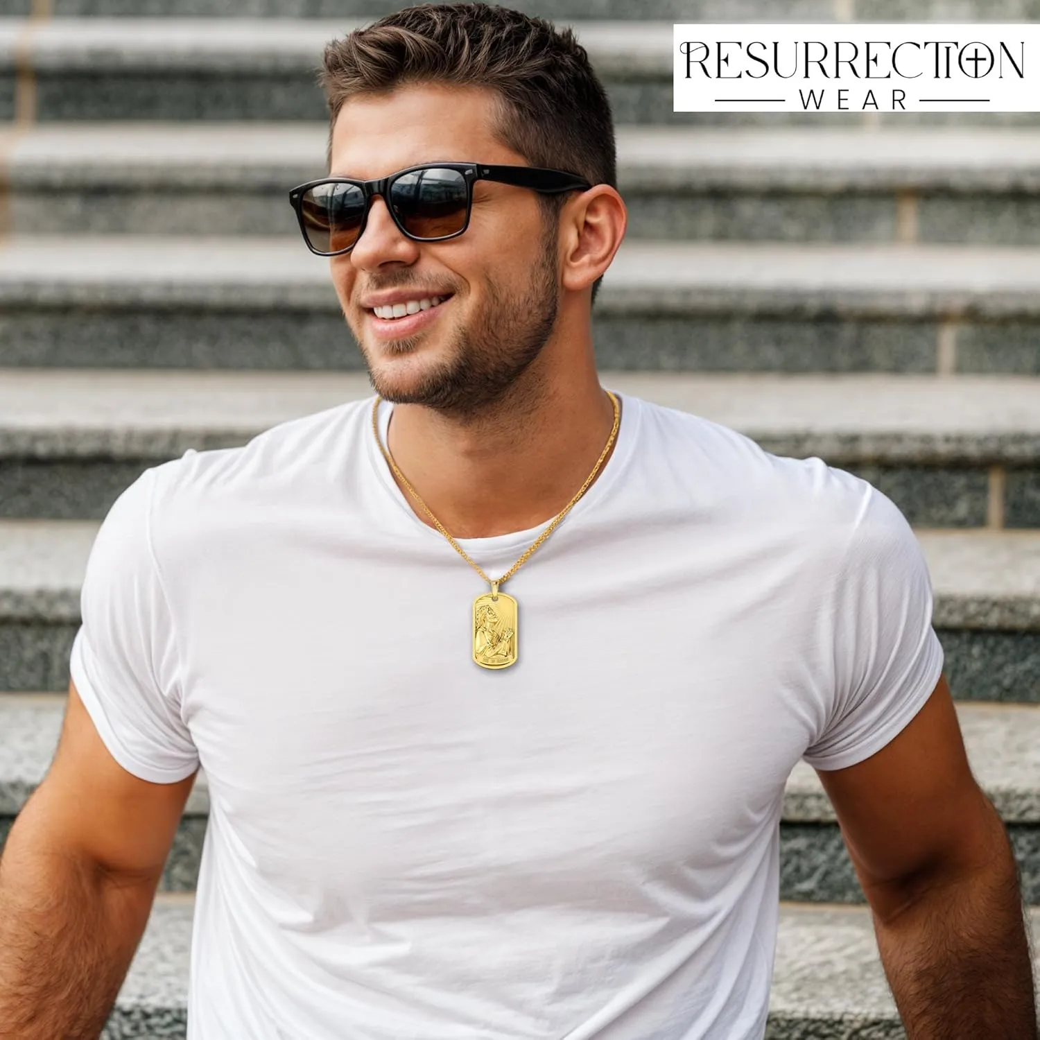 Jesus Necklace for Men  Engraved 2-Sided Masculine Dog Tag Pendant with Image of Jesus Praying & Philippians 4:13 (NIV)  Available in Aged Silver or Gold  Celebrate His Resurrection