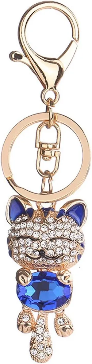JewelBeauty Bling Bling Crystal Rhinestone Lovely Animal Cute kitten Fortune Cat Car Bag Pendant Keyring Keychains (Blue)