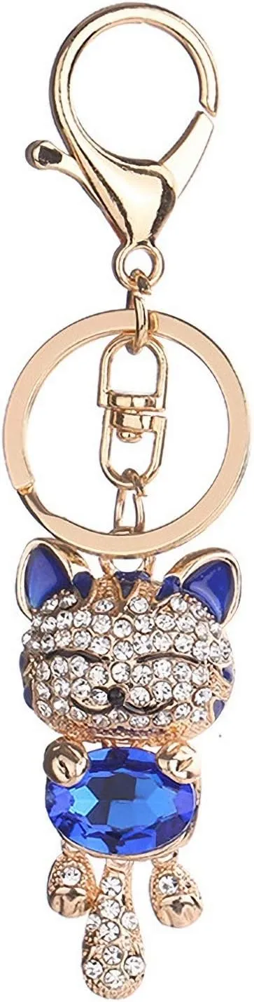 JewelBeauty Bling Bling Crystal Rhinestone Lovely Animal Cute kitten Fortune Cat Car Bag Pendant Keyring Keychains (Blue)