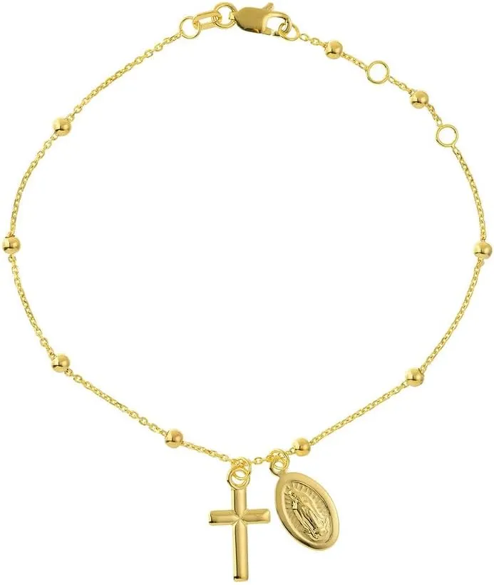 JEWELHEART 14K Solid Gold Bracelet For Women - Miraculous Virgin Mary Medal Cross Charm Bracelet - Minimalist Yellow Real Gold Ball Bead Chain Bracelet Adjustable From 6.25" Up To 7.25"