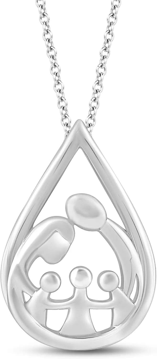 Jewelili Parent and Three Children Family Drop Necklace Pendant in Sterling Silver 18" Cable Chain