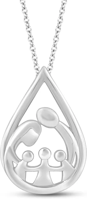Jewelili Parent and Three Children Family Drop Necklace Pendant in Sterling Silver 18" Cable Chain