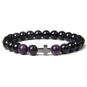 Jewelry Decoration, Buddhism Prayer Cross Bracelets Men Natural Healing Energy Polihsed Amethysts Pulsera Women Black Onyx Bangle 21cm Reddish Brown Jewelry Decoration,