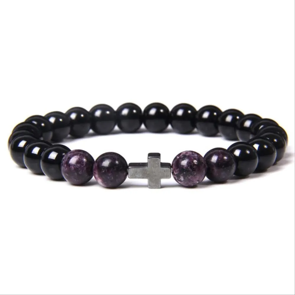 Jewelry Decoration, Buddhism Prayer Cross Bracelets Men Natural Healing Energy Polihsed Amethysts Pulsera Women Black Onyx Bangle 21cm Reddish Brown Jewelry Decoration,