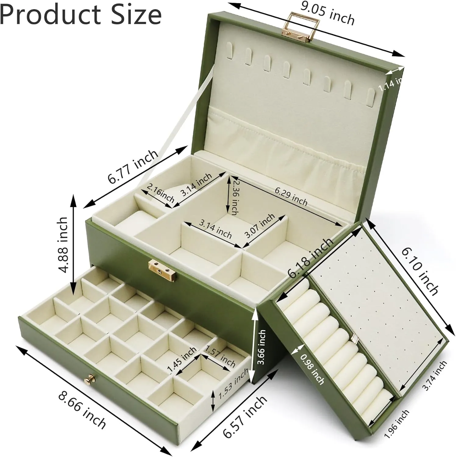 Jewelry Organizer Box, Jewelry Box Organizers for Women Girls, 3 Layers Large Leather Jewels Storage Case for Earring, Rings, Necklaces Bracelets, Big and Small Jewellery, Watch, Gift (OliveGreen)