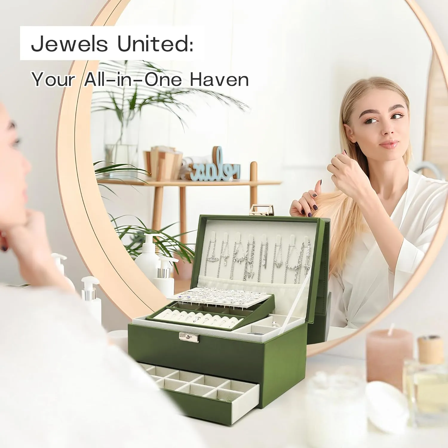 Jewelry Organizer Box, Jewelry Box Organizers for Women Girls, 3 Layers Large Leather Jewels Storage Case for Earring, Rings, Necklaces Bracelets, Big and Small Jewellery, Watch, Gift (OliveGreen)