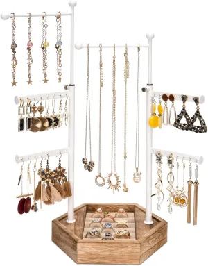 Jewelry Organizer Stand - 6 Tier Jewelry Holder with Adjustable Height Necklace Holder Organizer Display & Storage for Earrings Ring Bracelet (White Pole)