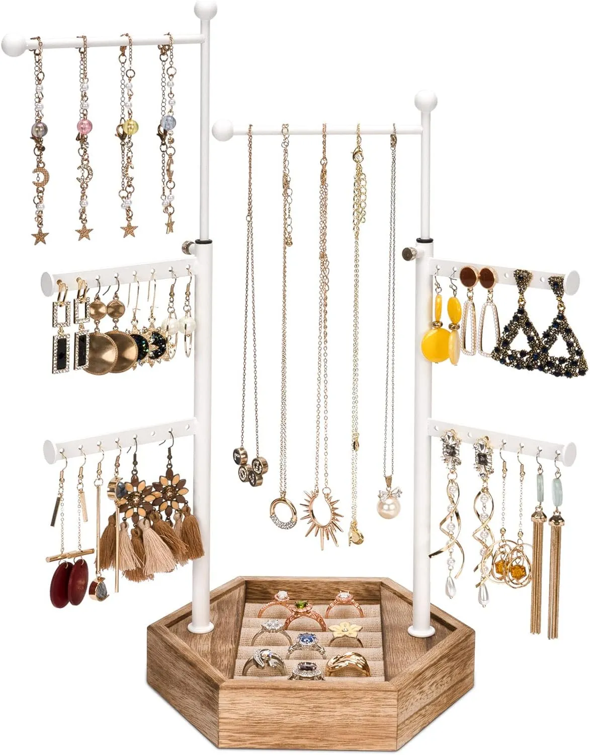 Jewelry Organizer Stand - 6 Tier Jewelry Holder with Adjustable Height Necklace Holder Organizer Display & Storage for Earrings Ring Bracelet (White Pole)