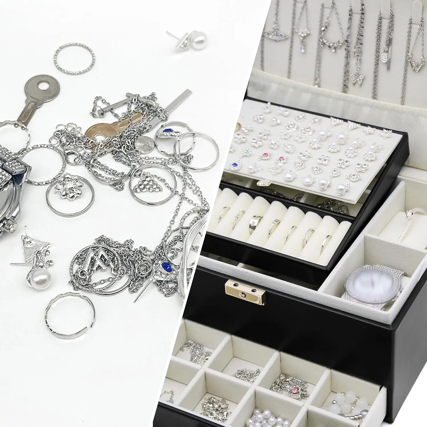 Jewelry Organizer, Travel Jewelry Box Organizers for Women Girls, Jewellery Display Holder 3 Layers Large PU Leather Jewellery Storage Case for Earring, Rings, Necklaces, Bracelets, Watch, Gift(Black)