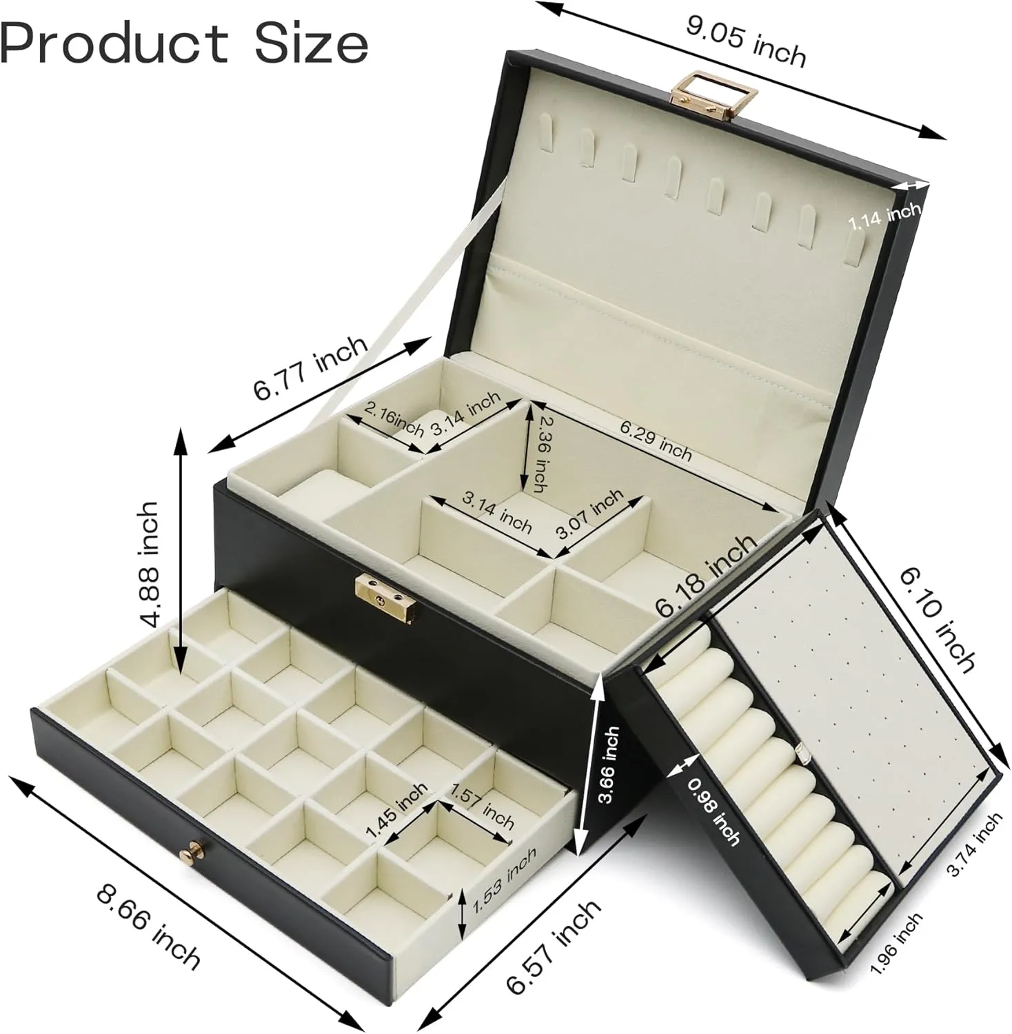 Jewelry Organizer, Travel Jewelry Box Organizers for Women Girls, Jewellery Display Holder 3 Layers Large PU Leather Jewellery Storage Case for Earring, Rings, Necklaces, Bracelets, Watch, Gift(Black)