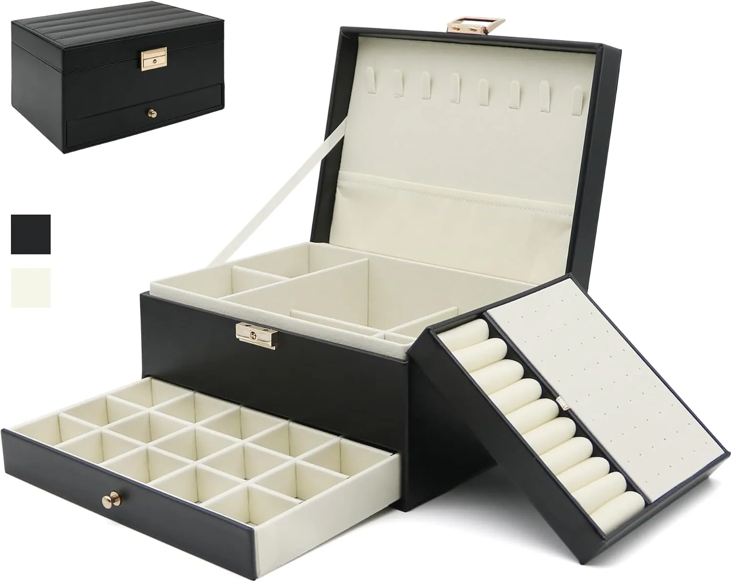Jewelry Organizer, Travel Jewelry Box Organizers for Women Girls, Jewellery Display Holder 3 Layers Large PU Leather Jewellery Storage Case for Earring, Rings, Necklaces, Bracelets, Watch, Gift(Black)