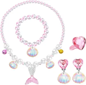 Jewelry Set For Girls Necklace Bracelet Earring ring Set Mermaid Necklace For Girls Jewelry Set Halloween Christmas Birthday Gift over 3 years old.