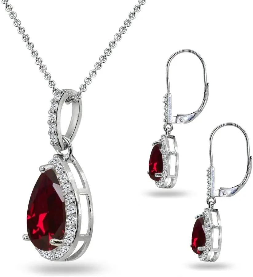 Jewelry Sets for Women, Necklace and Earring Sets for Women, Birthstone Jewelry, Genuine or Synthetic Gemstones, Teardrop Necklace and Dangle Earrings, Pendant Necklace, Sterling Silver Jewelry