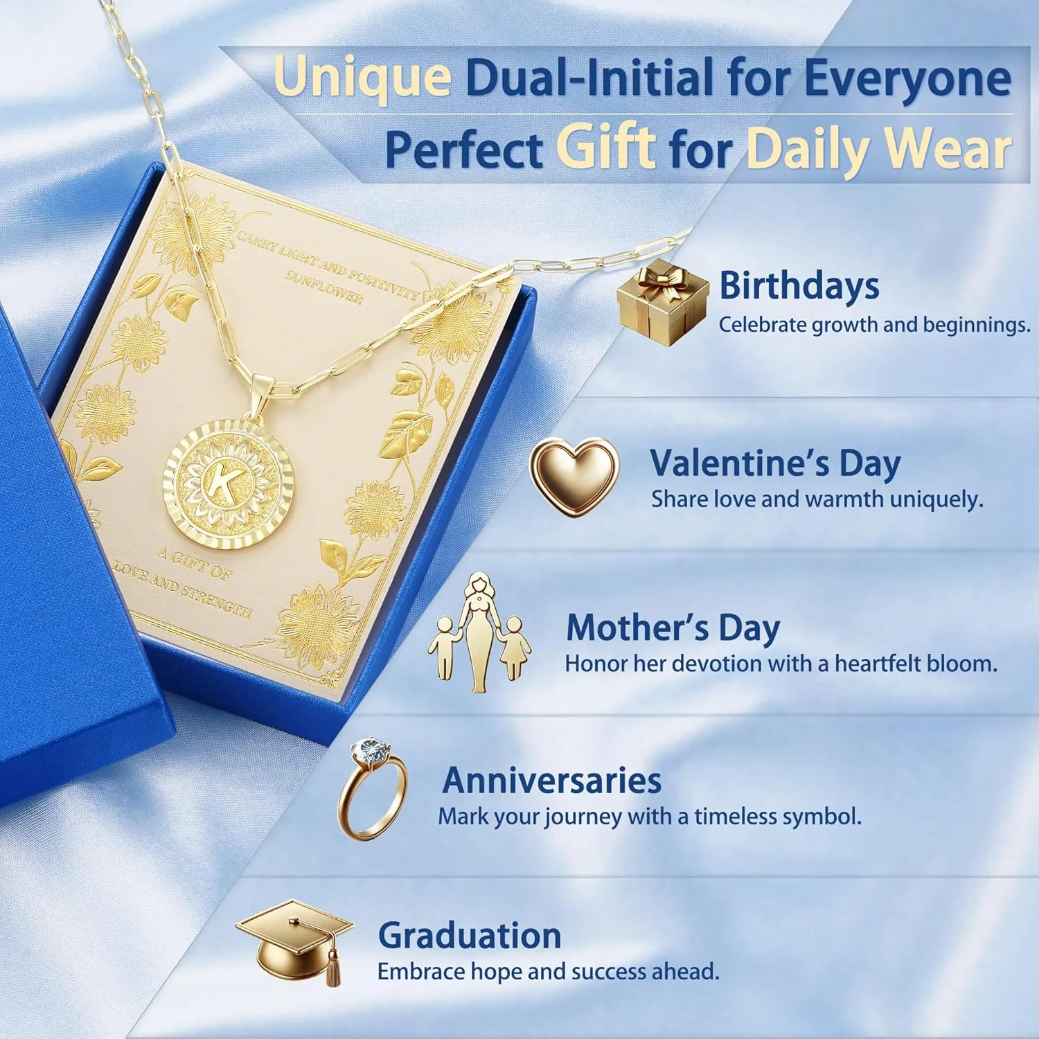 Jewlpire Fashion Jewelry 14K Gold Initial Necklace for Women Girls, Dual-Initial Design Non Tarnish & Hypoallergenic Sunflower Pendant, Teen Girl Gifts Trendy Stuff, Birthday Gifts for Women Wife Mom
