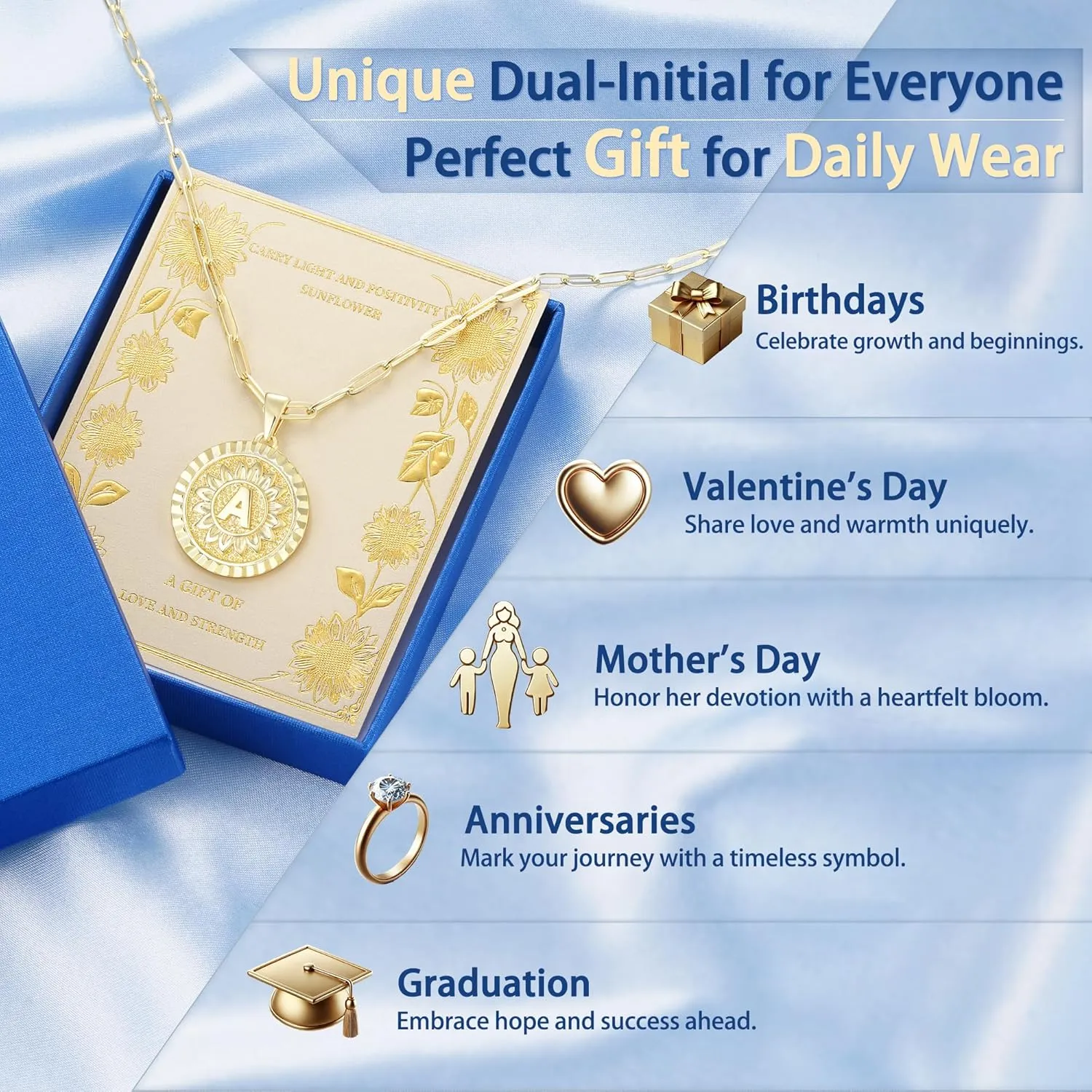 Jewlpire Fashion Jewelry 14K Gold Initial Necklace for Women Girls, Dual-Initial Design Non Tarnish & Hypoallergenic Sunflower Pendant, Teen Girl Gifts Trendy Stuff, Birthday Gifts for Women Wife Mom
