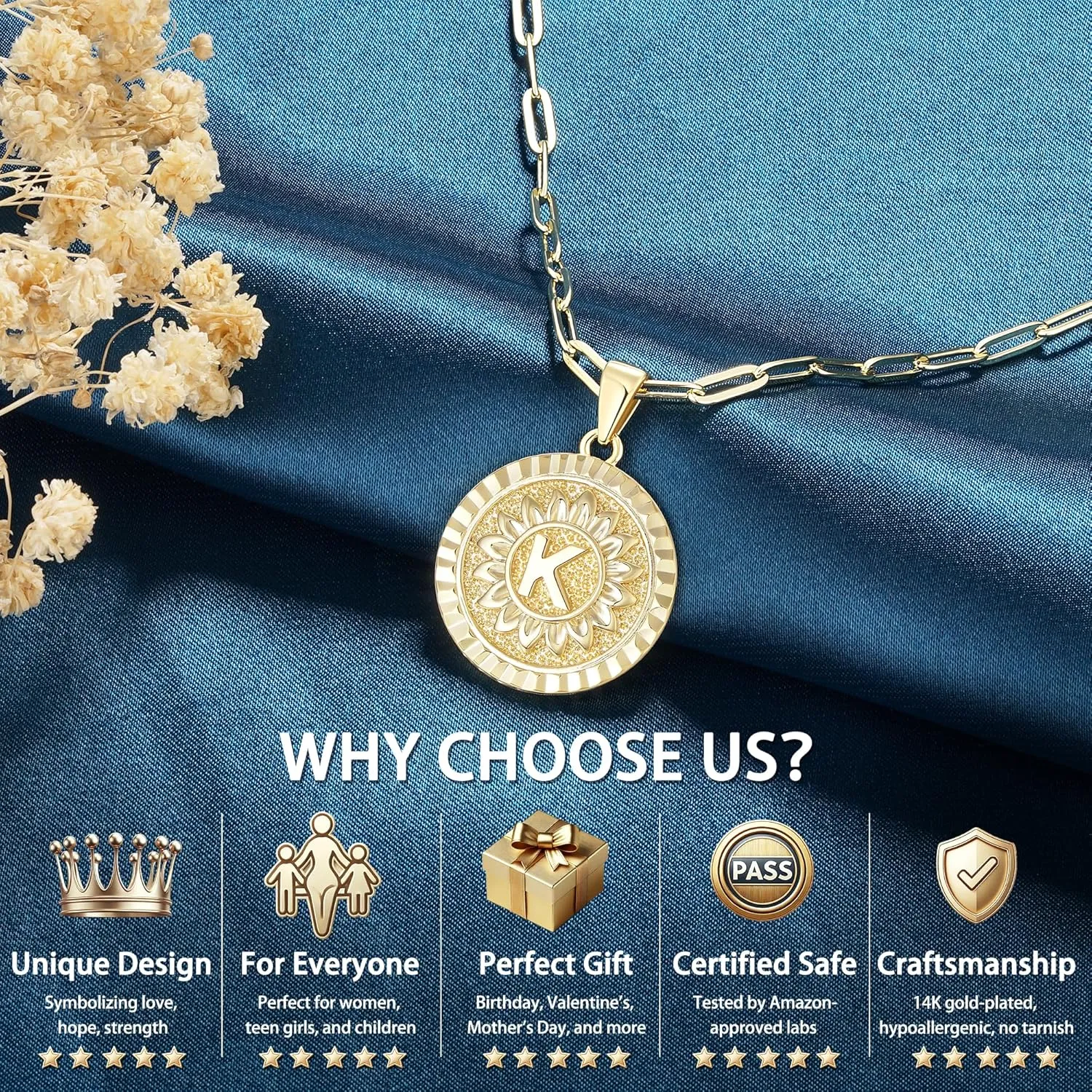 Jewlpire Fashion Jewelry 14K Gold Initial Necklace for Women Girls, Dual-Initial Design Non Tarnish & Hypoallergenic Sunflower Pendant, Teen Girl Gifts Trendy Stuff, Birthday Gifts for Women Wife Mom