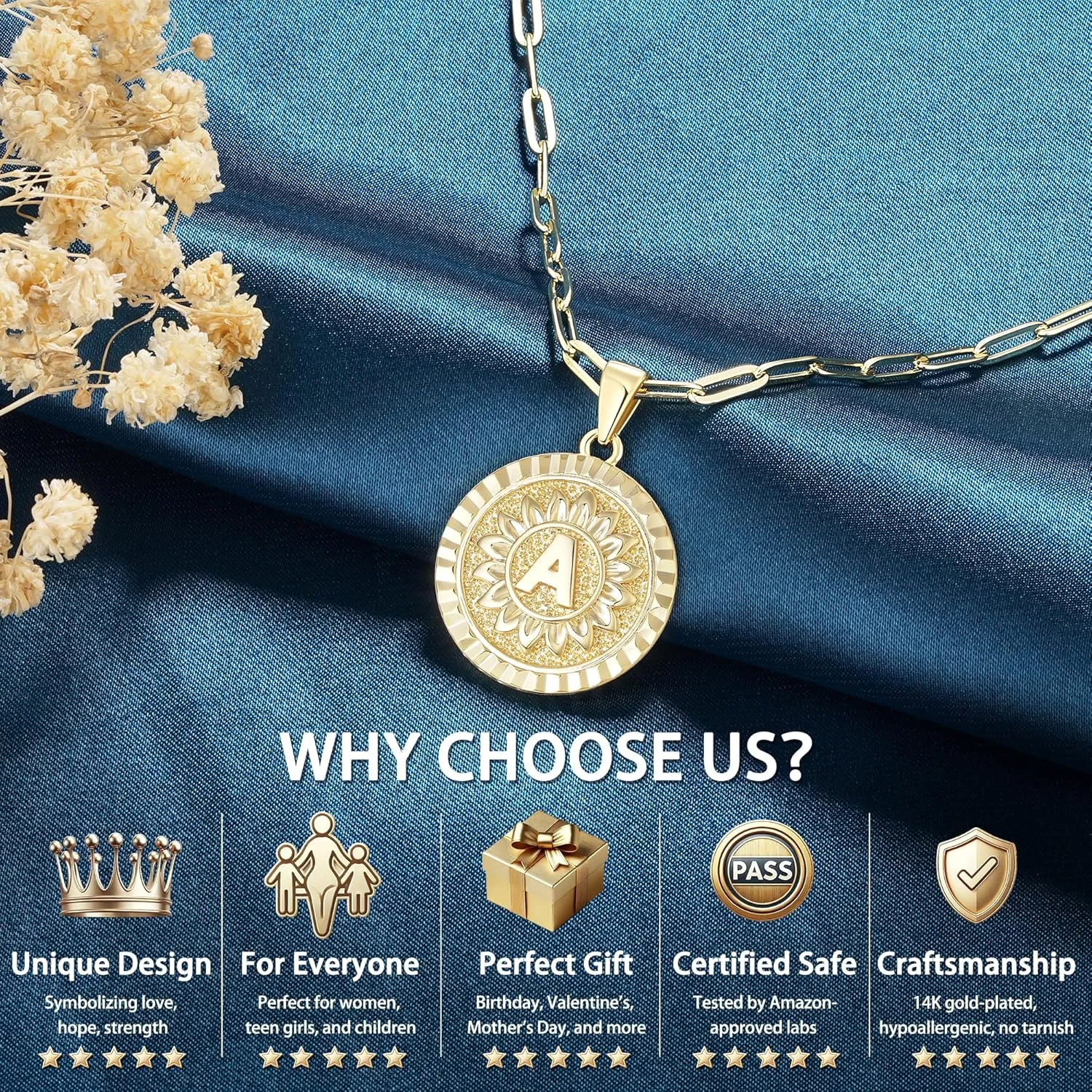 Jewlpire Fashion Jewelry 14K Gold Initial Necklace for Women Girls, Dual-Initial Design Non Tarnish & Hypoallergenic Sunflower Pendant, Teen Girl Gifts Trendy Stuff, Birthday Gifts for Women Wife Mom