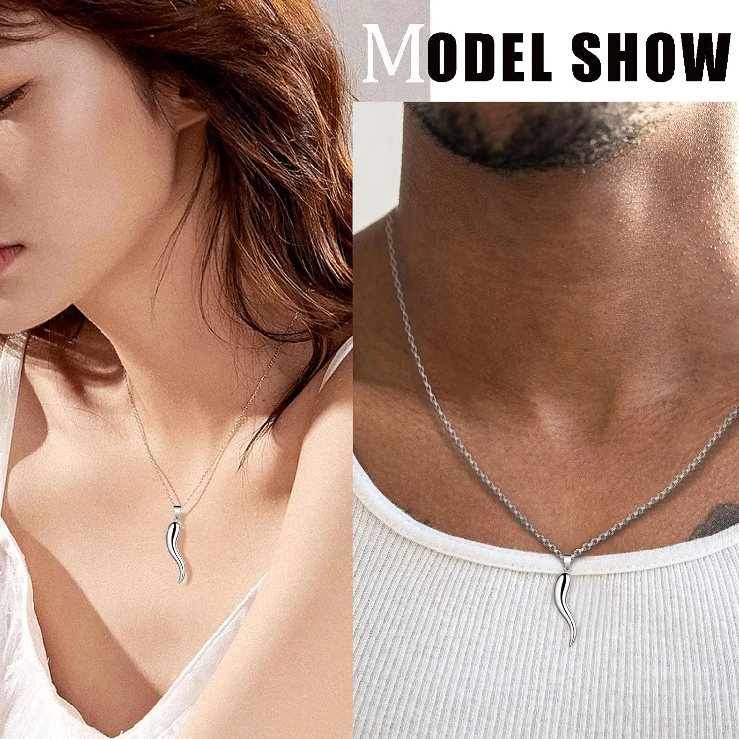 Jewmon 925 Sterling Silver Lucky Italian Horn Pendant Necklace Earrings Set Protection Amulet Jewelry for Women Men Silver/Black Gun/Gold Cornicello Talisman Necklace Gift with Gift Box