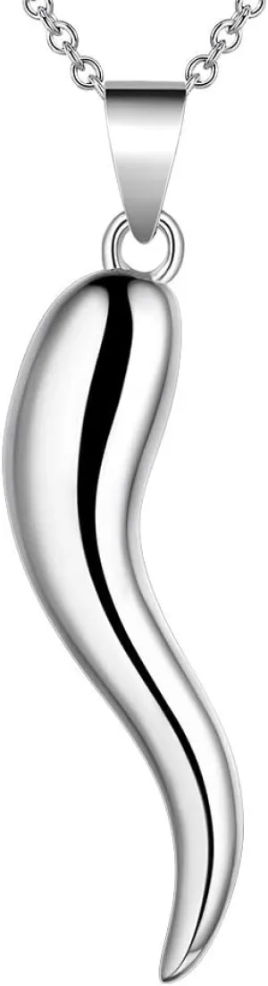 Jewmon 925 Sterling Silver Lucky Italian Horn Pendant Necklace Earrings Set Protection Amulet Jewelry for Women Men Silver/Black Gun/Gold Cornicello Talisman Necklace Gift with Gift Box