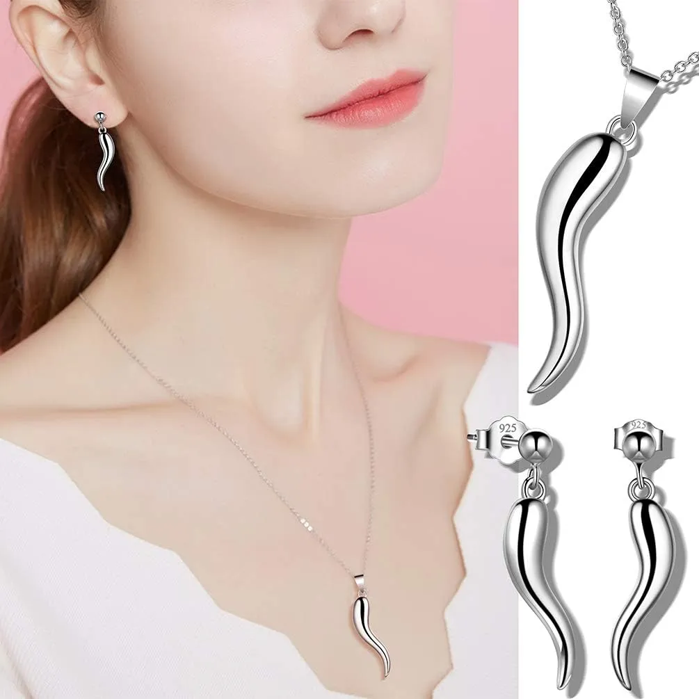 Jewmon 925 Sterling Silver Lucky Italian Horn Pendant Necklace Earrings Set Protection Amulet Jewelry for Women Men Silver/Black Gun/Gold Cornicello Talisman Necklace Gift with Gift Box